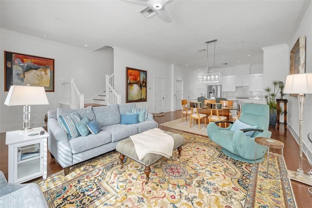 Dining room, Interior, Kitchen, Living room, Pendant Lights, Recessed Lighting, Stainless Steel Appliances, Wood Texture Flooring