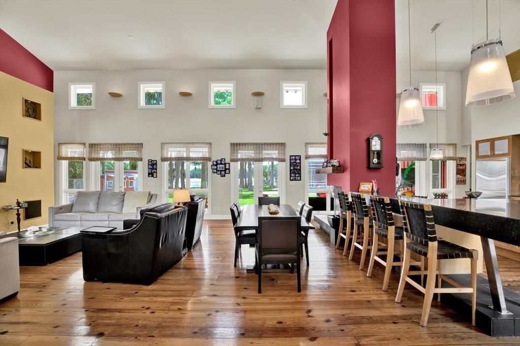 Dining room, Interior, Living room, Pendant Lights, Wood Texture Flooring