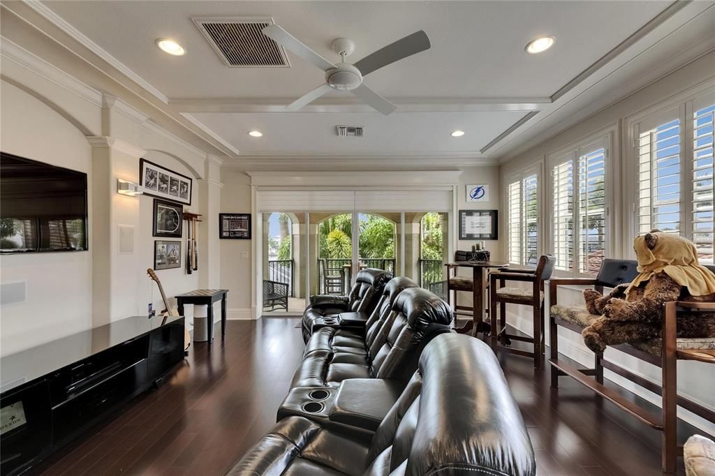 Home Theatre Room, Interior, Living room, Recessed Lighting, Wood Texture Flooring