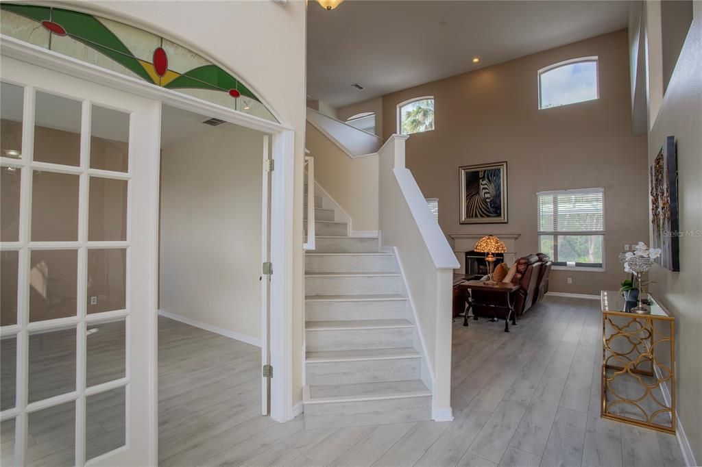 Fireplace, Interior, Recessed Lighting, Wood Texture Flooring