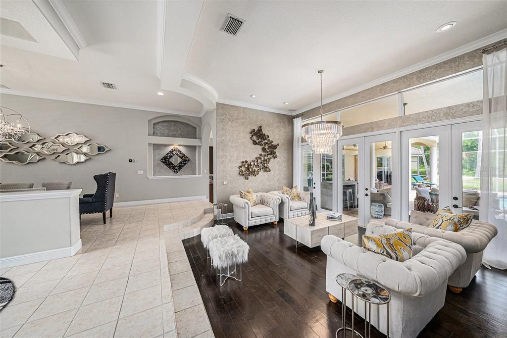 Chandelier, Interior, Living room, Recessed Lighting, Wood Texture Flooring