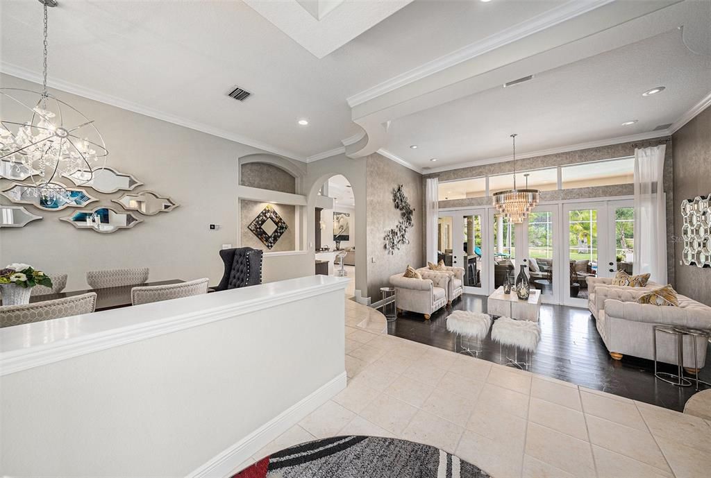 Chandelier, Interior, Living room, Recessed Lighting, Wood Texture Flooring