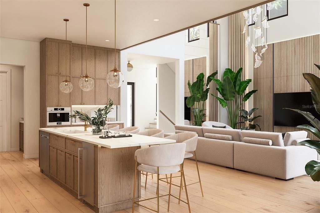 Dining room, Interior, Kitchen, Living room, Pendant Lights, Recessed Lighting, Stainless Steel Appliances, Wood Texture Flooring