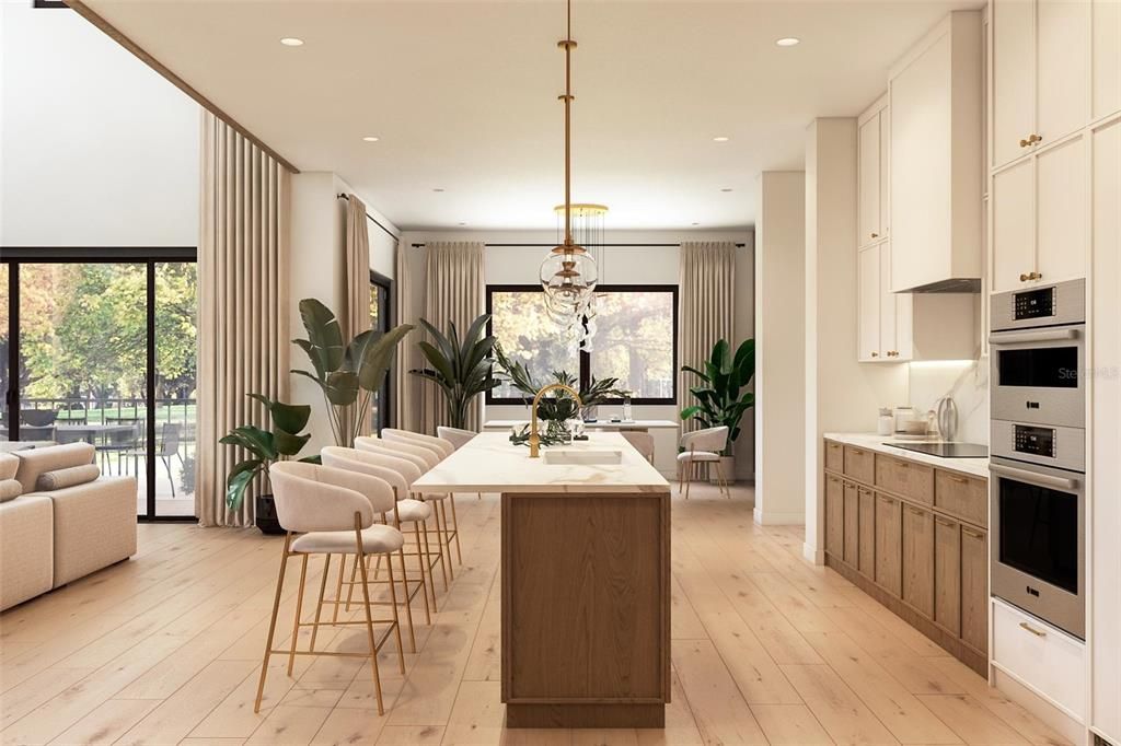 Dining room, Interior, Kitchen, Pendant Lights, Recessed Lighting, Stainless Steel Appliances, Wood Texture Flooring
