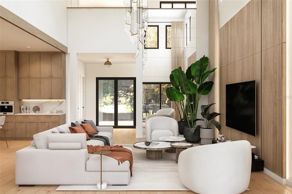 Interior, Living room, Pendant Lights, Wood Texture Flooring