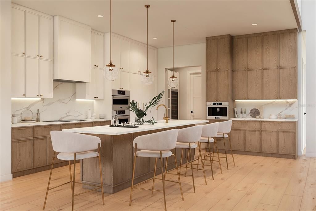 Interior, Kitchen, Marble Walls, Pendant Lights, Recessed Lighting, Stainless Steel Appliances, Wood Texture Flooring