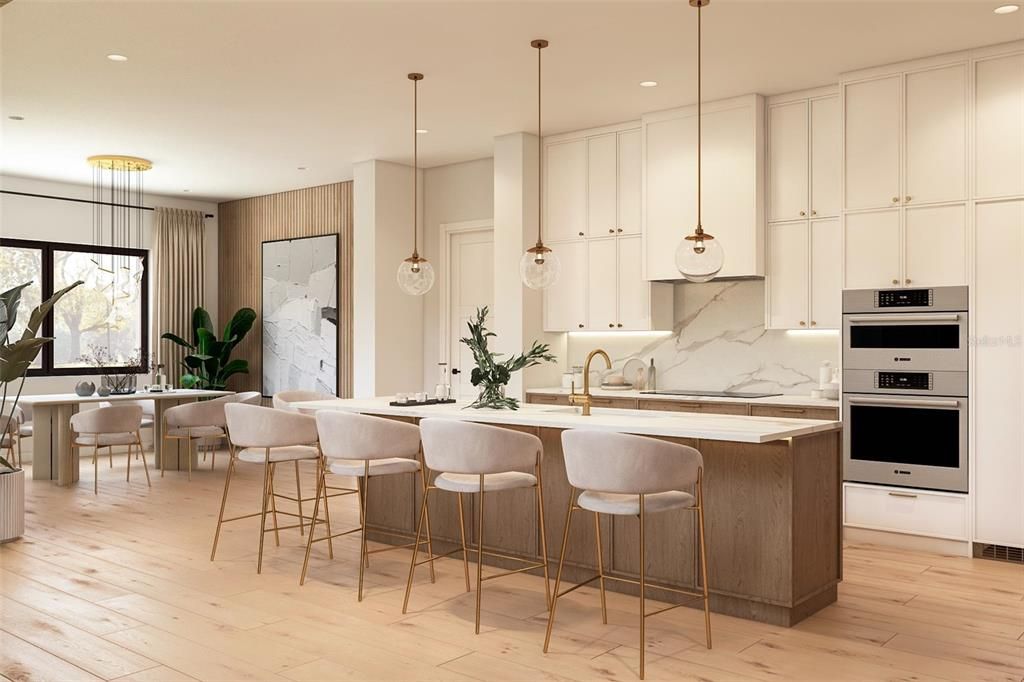 Dining room, Interior, Kitchen, Marble Walls, Pendant Lights, Recessed Lighting, Stainless Steel Appliances, Wood Texture Flooring