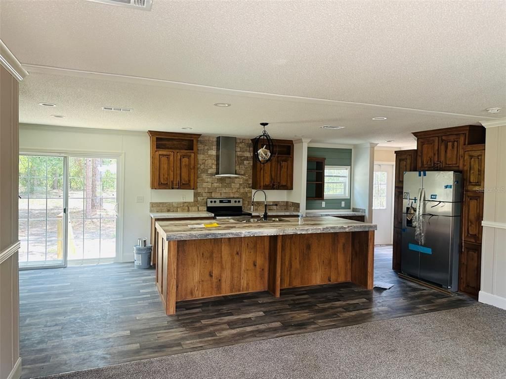 Interior, Kitchen, Recessed Lighting, Stone Walls, Wood Texture Flooring
