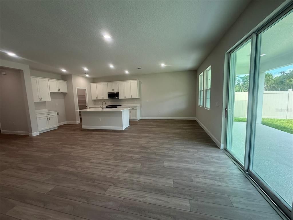 Empty room, Interior, Kitchen, Recessed Lighting, Wood Texture Flooring