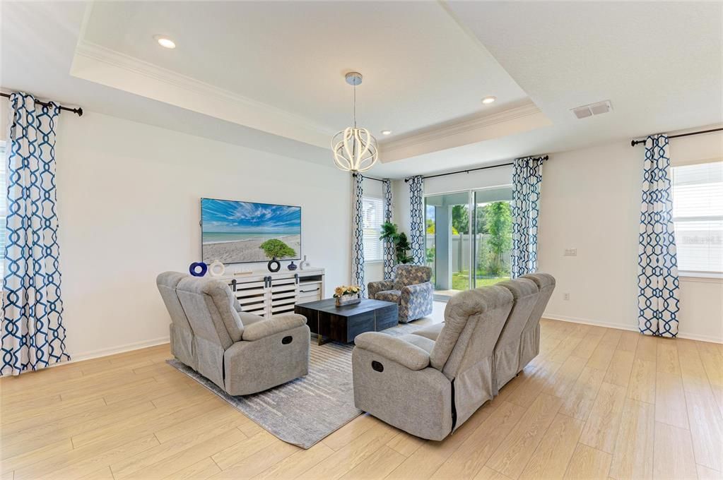 Interior, Living room, Pendant Lights, Recessed Lighting, Wood Texture Flooring