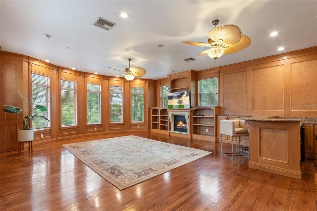 Fireplace, Interior, Recessed Lighting, Wood Texture Flooring, Wooden Walls