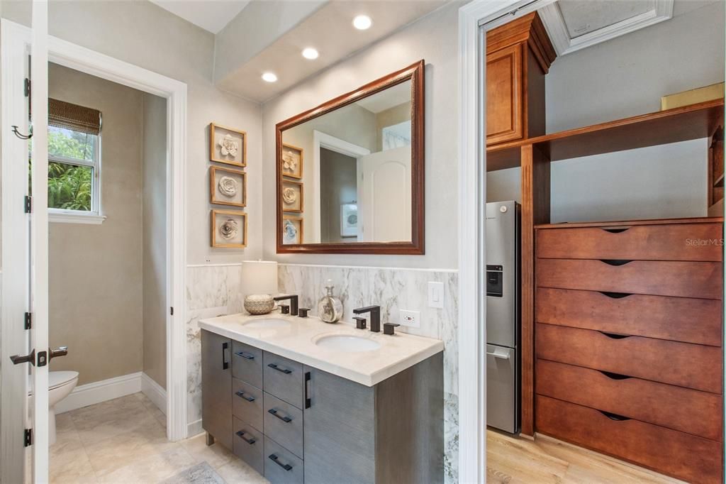 Bathroom, Dual Sink Vanities, Interior, Recessed Lighting, Wood Texture Flooring