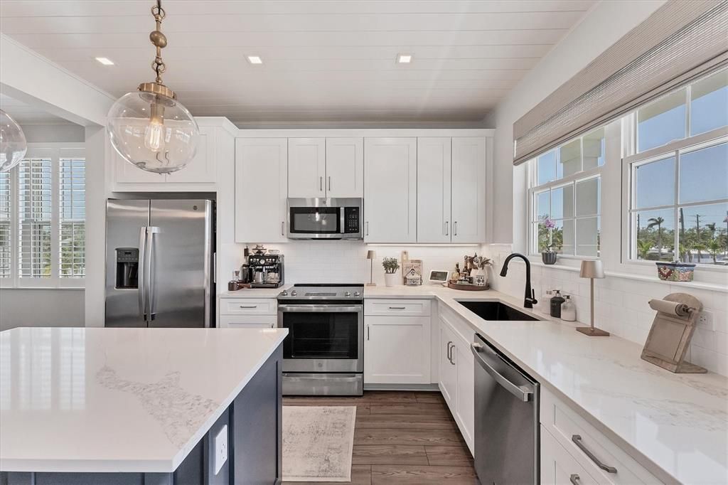 Interior, Kitchen, Pendant Lights, Recessed Lighting, Stainless Steel Appliances, Wood Texture Flooring