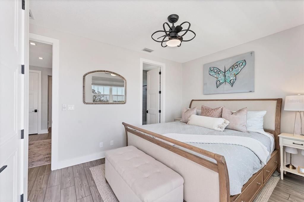 Bedroom, Interior, Recessed Lighting, Wood Texture Flooring