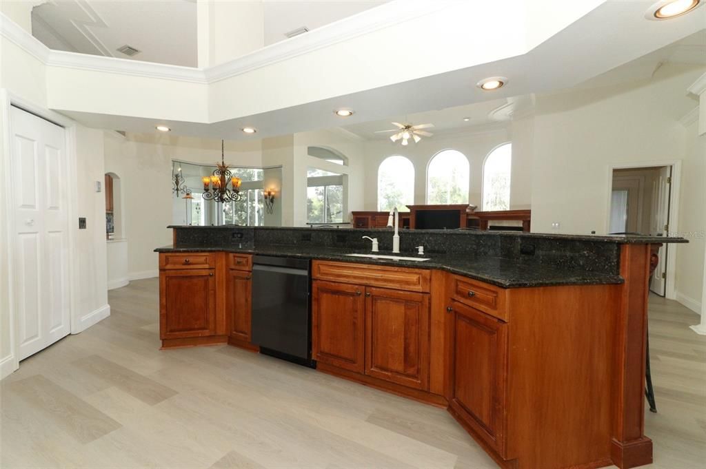 Chandelier, Interior, Kitchen, Recessed Lighting, Wood Texture Flooring