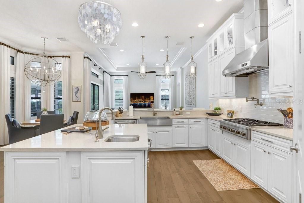 Chandelier, Interior, Kitchen, Pendant Lights, Recessed Lighting, Stainless Steel Appliances, Wood Texture Flooring