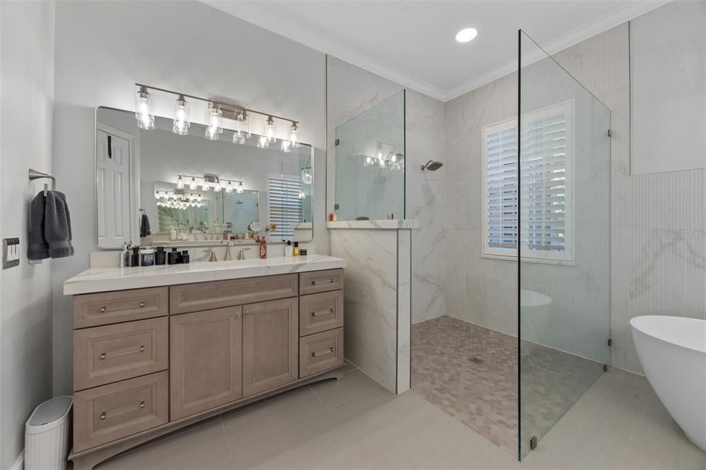 Bathroom, Free Standing Baths, Glass Shower, Interior, Marble Walls, Recessed Lighting