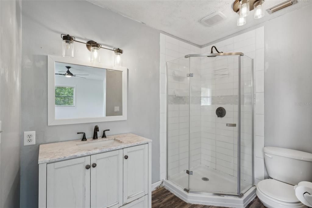 Bathroom, Glass Shower, Interior, Wood Texture Flooring