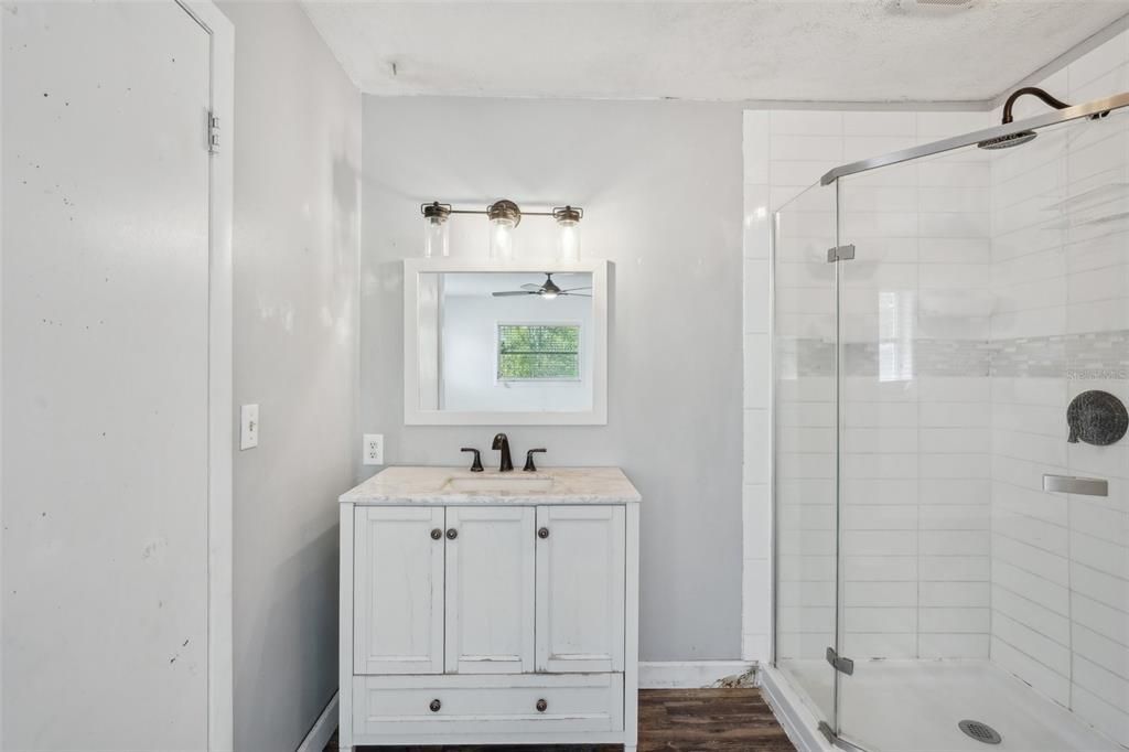 Bathroom, Glass Shower, Interior, Wood Texture Flooring