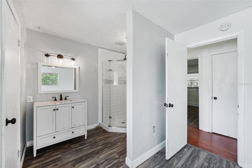 Bathroom, Glass Shower, Interior, Wood Texture Flooring