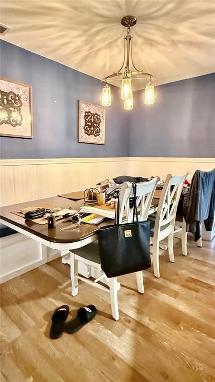 Dining room, Interior, Pendant Lights, Wood Texture Flooring