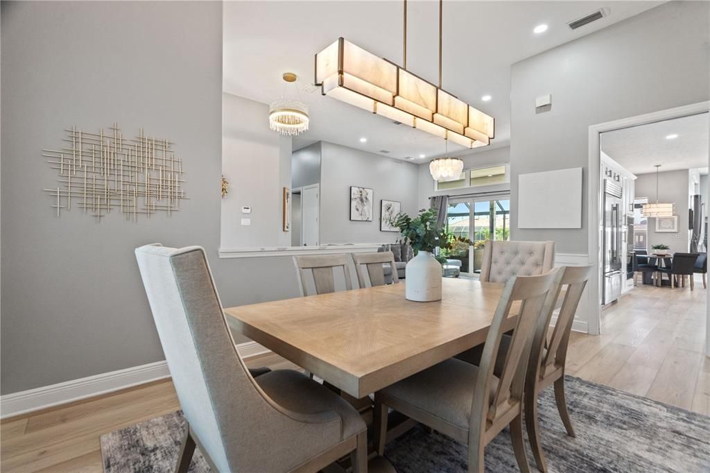 Chandelier, Dining room, Interior, Pendant Lights, Recessed Lighting, Wood Texture Flooring