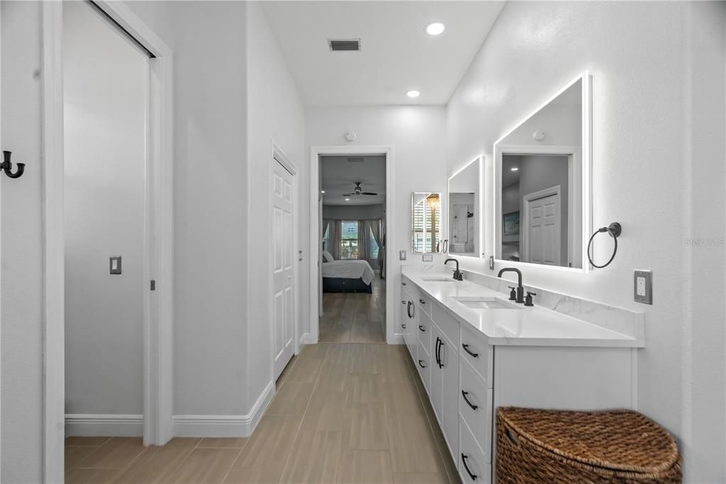 Bathroom, Dual Sink Vanities, Interior, Recessed Lighting, Wood Texture Flooring