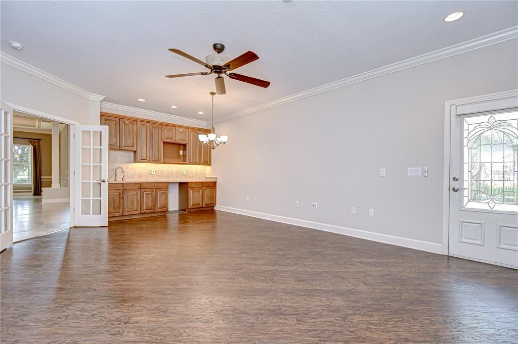 Chandelier, Empty room, Interior, Kitchen, Recessed Lighting, Wood Texture Flooring