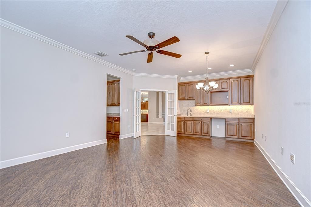 Chandelier, Empty room, Interior, Kitchen, Recessed Lighting, Wood Texture Flooring
