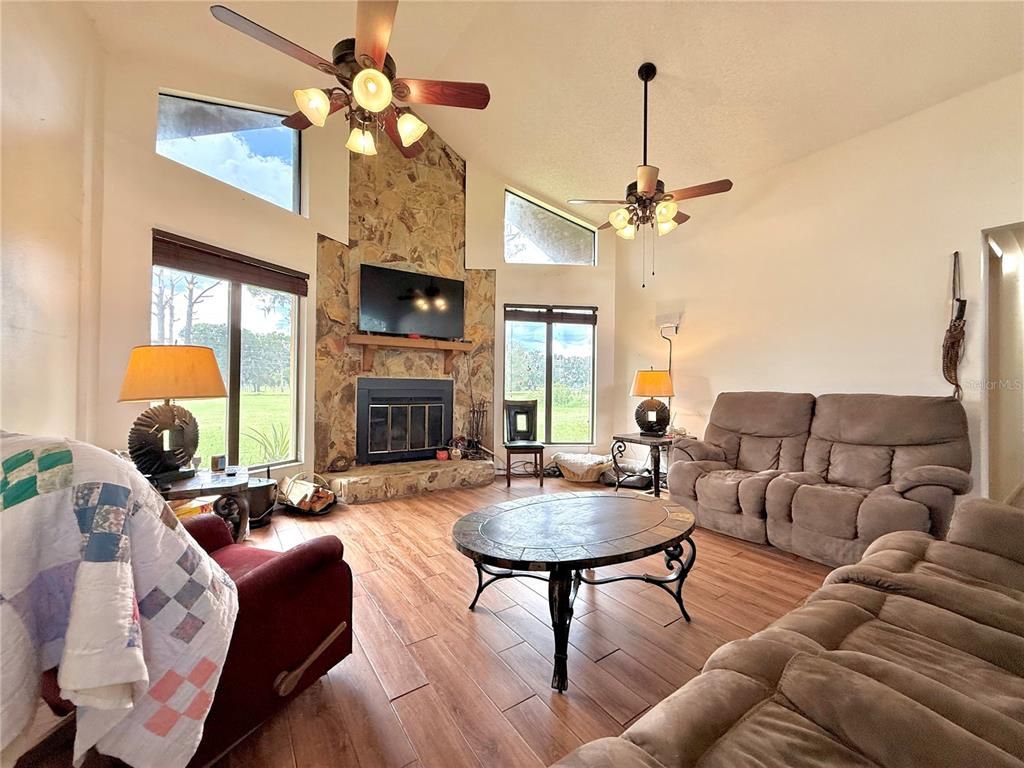 Fireplace, Interior, Living room, Stone Walls, Wood Texture Flooring