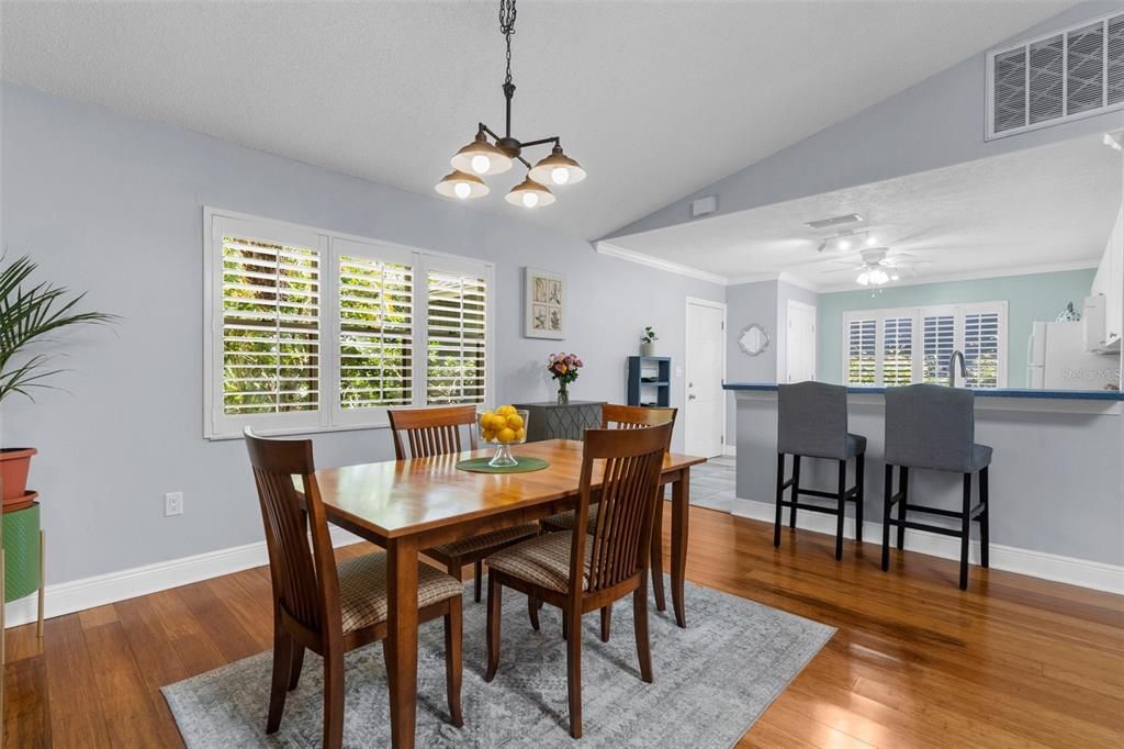 Dining room, Interior, Pendant Lights, Wood Texture Flooring