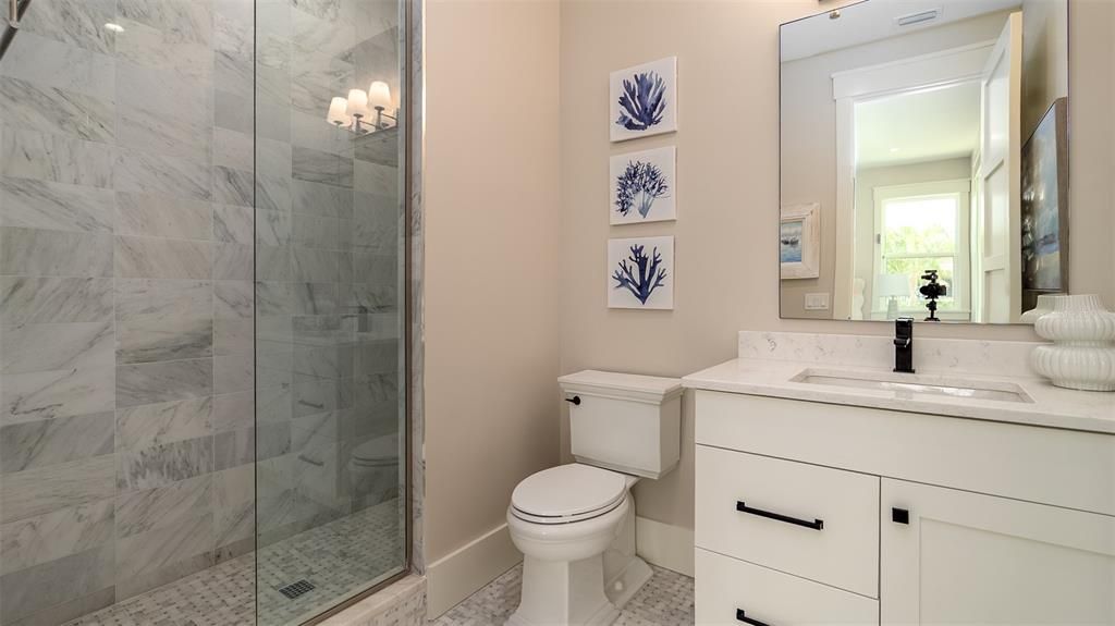 Bathroom, Glass Shower, Interior, Marble Walls, Recessed Lighting