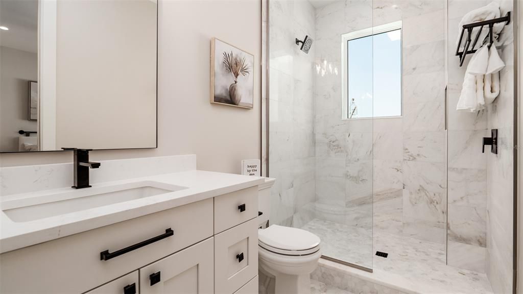 Bathroom, Glass Shower, Interior, Marble, Marble Walls, Recessed Lighting
