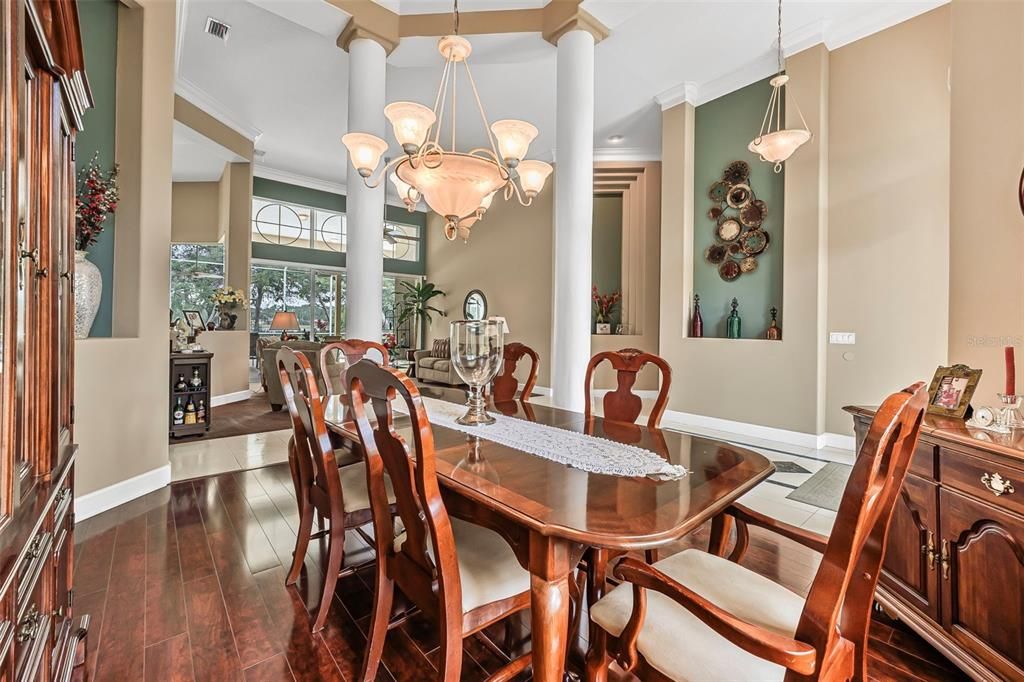 Chandelier, Dining room, Interior, Pendant Lights, Recessed Lighting, Wood Texture Flooring