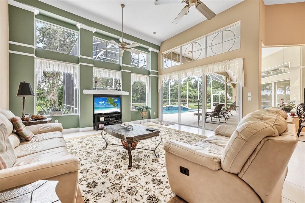 Fireplace, Interior, Living room, Recessed Lighting, Sun Room