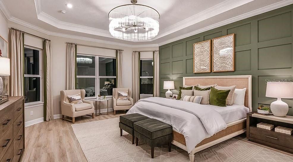 Bedroom, Chandelier, Interior, Pendant Lights, Recessed Lighting, Wood Texture Flooring