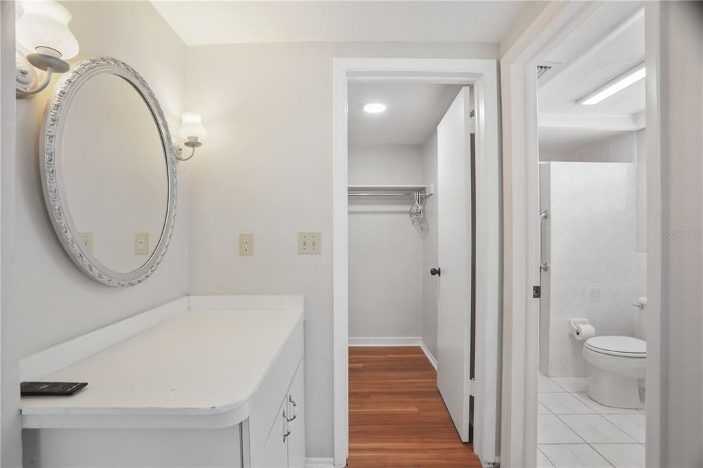 Bathroom, Interior, Recessed Lighting, Walk-in Closets, Wood Texture Flooring
