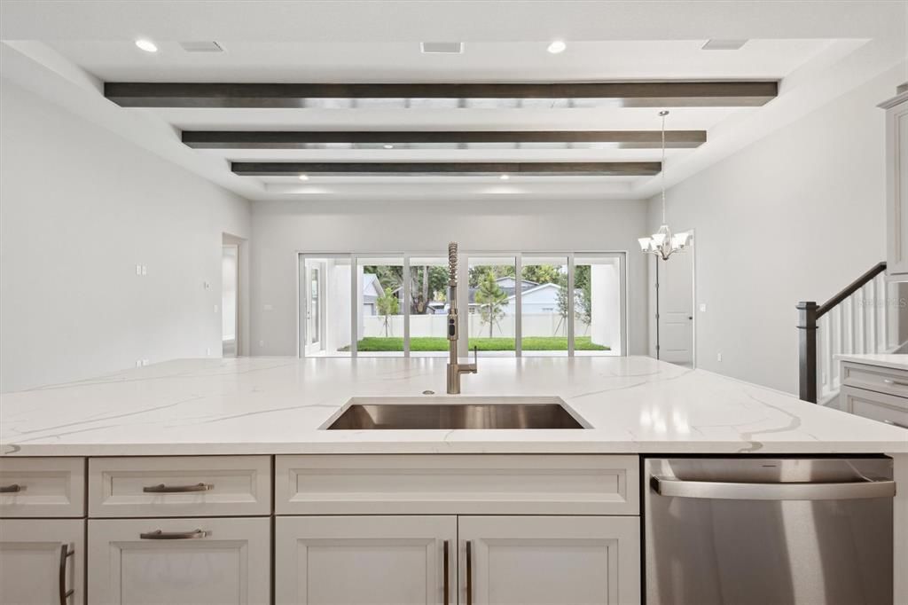 Interior, Kitchen, Pendant Lights, Recessed Lighting, Stainless Steel Appliances, Wooden Beams