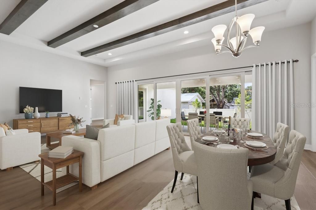 Chandelier, Dining room, Interior, Living room, Recessed Lighting, Wooden Beams, Wood Texture Flooring
