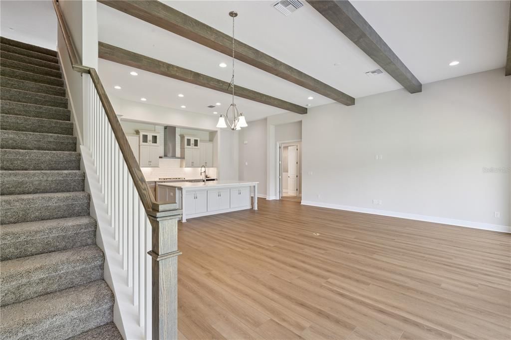Empty room, Interior, Kitchen, Pendant Lights, Recessed Lighting, Wooden Beams, Wood Texture Flooring