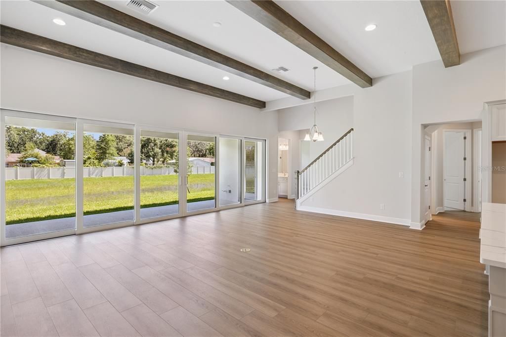 Empty room, Interior, Pendant Lights, Recessed Lighting, Wooden Beams, Wood Texture Flooring