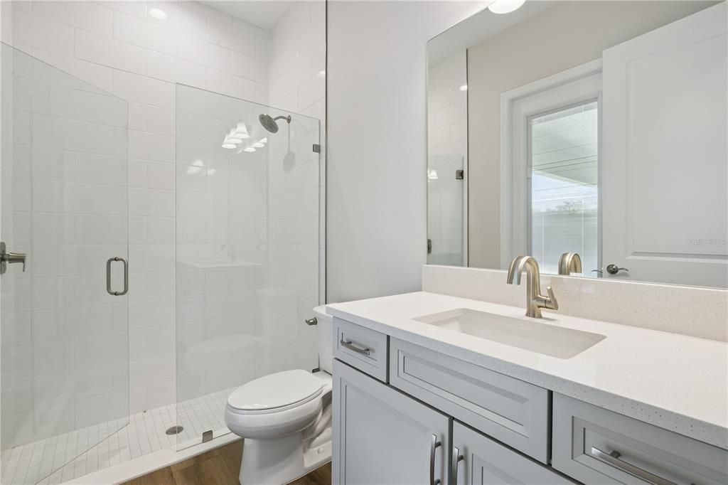 Bathroom, Glass Shower, Interior, Wood Texture Flooring