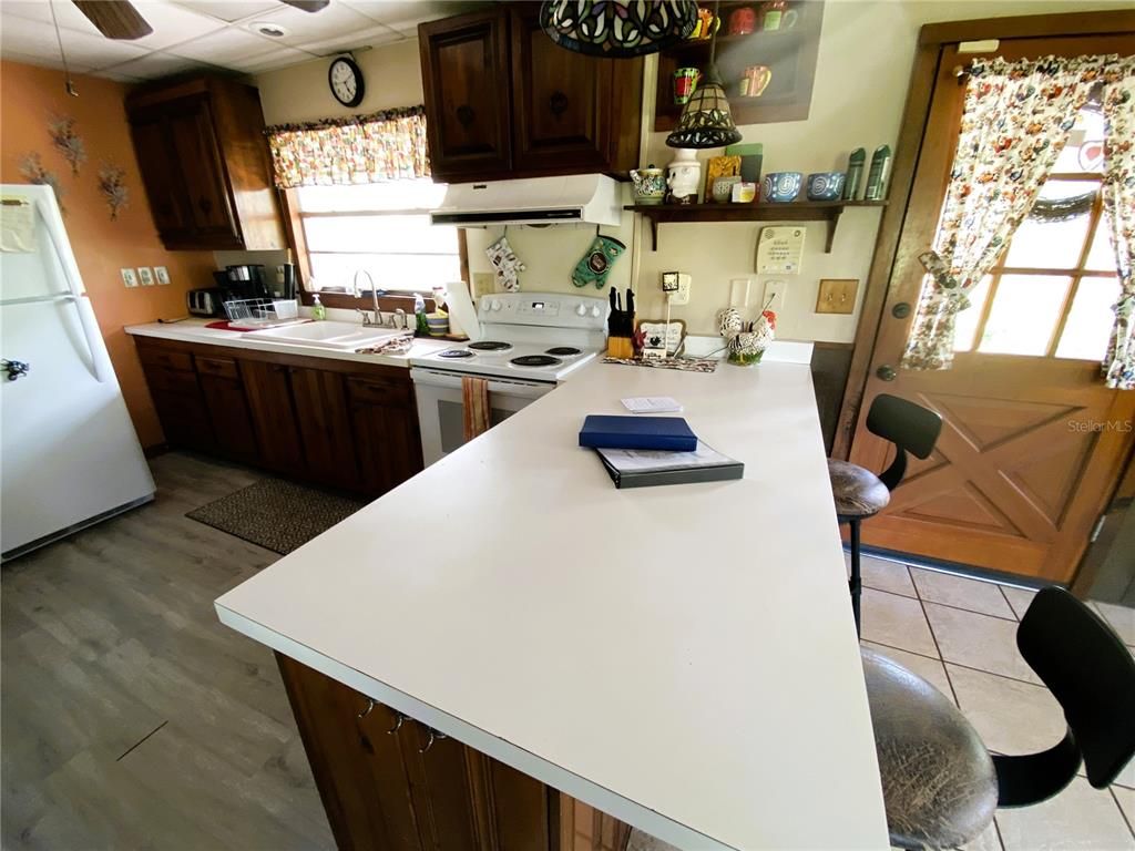 Interior, Kitchen, Tile Countertops, Wood Texture Flooring