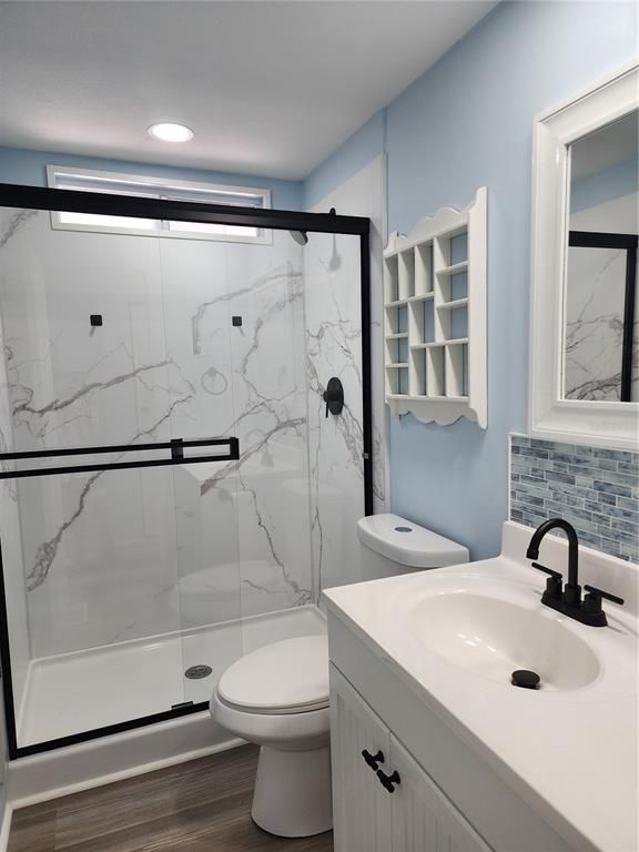 Bathroom, Glass Shower, Interior, Marble Walls, Recessed Lighting, Wood Texture Flooring