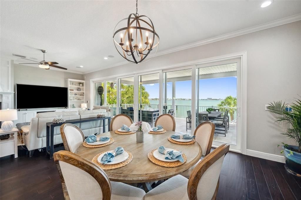 Chandelier, Dining room, Interior, Living room, Recessed Lighting, Water, Wood Texture Flooring