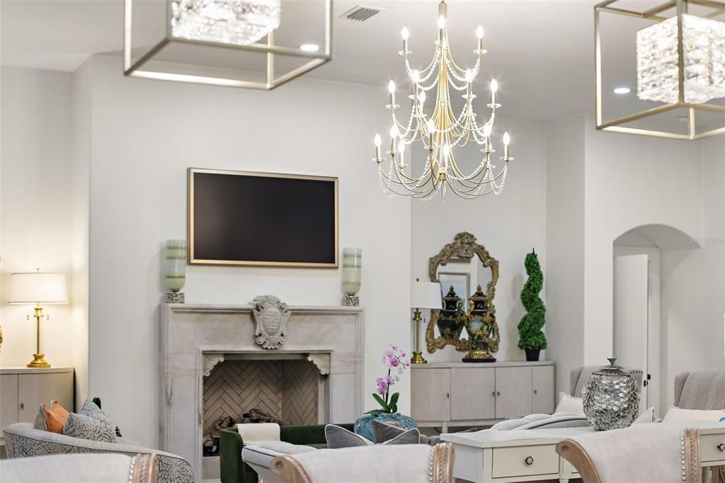 Chandelier, Fireplace, Interior