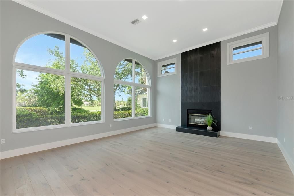 Empty room, Fireplace, Interior, Recessed Lighting, Wood Texture Flooring