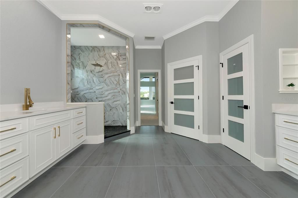 Bathroom, Glass Shower, Interior, Marble Walls, Recessed Lighting