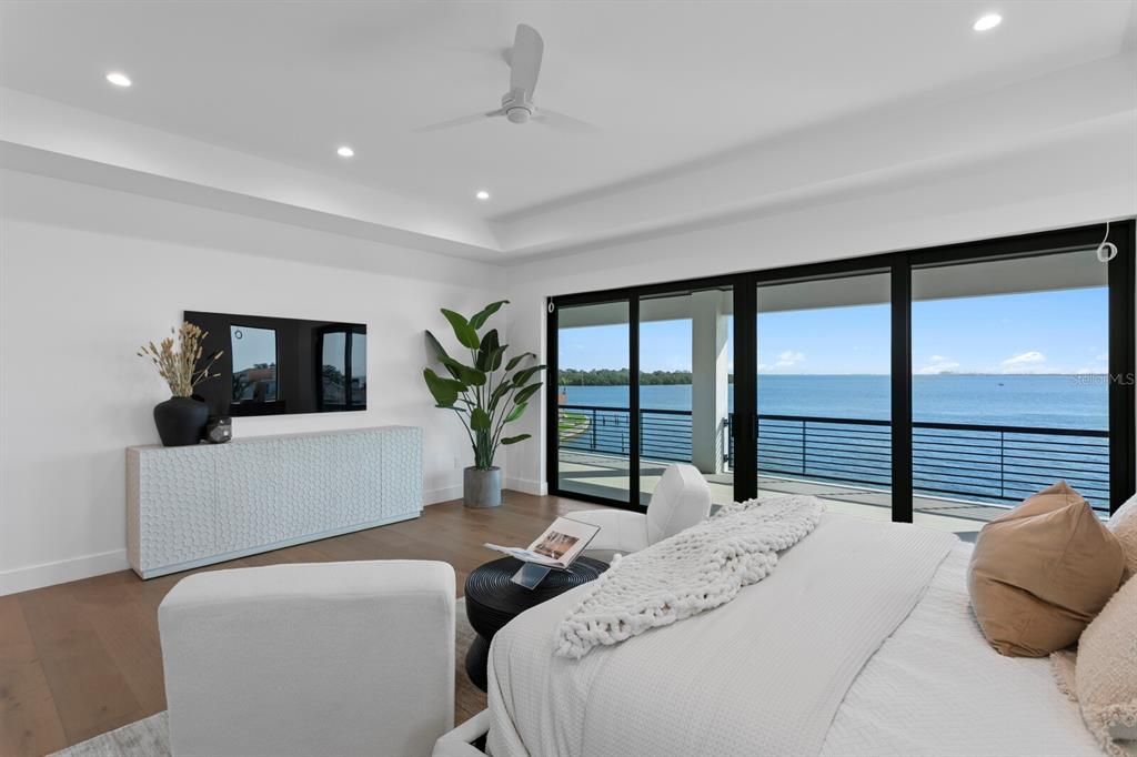 Bedroom, Interior, Recessed Lighting, Water, Wood Texture Flooring