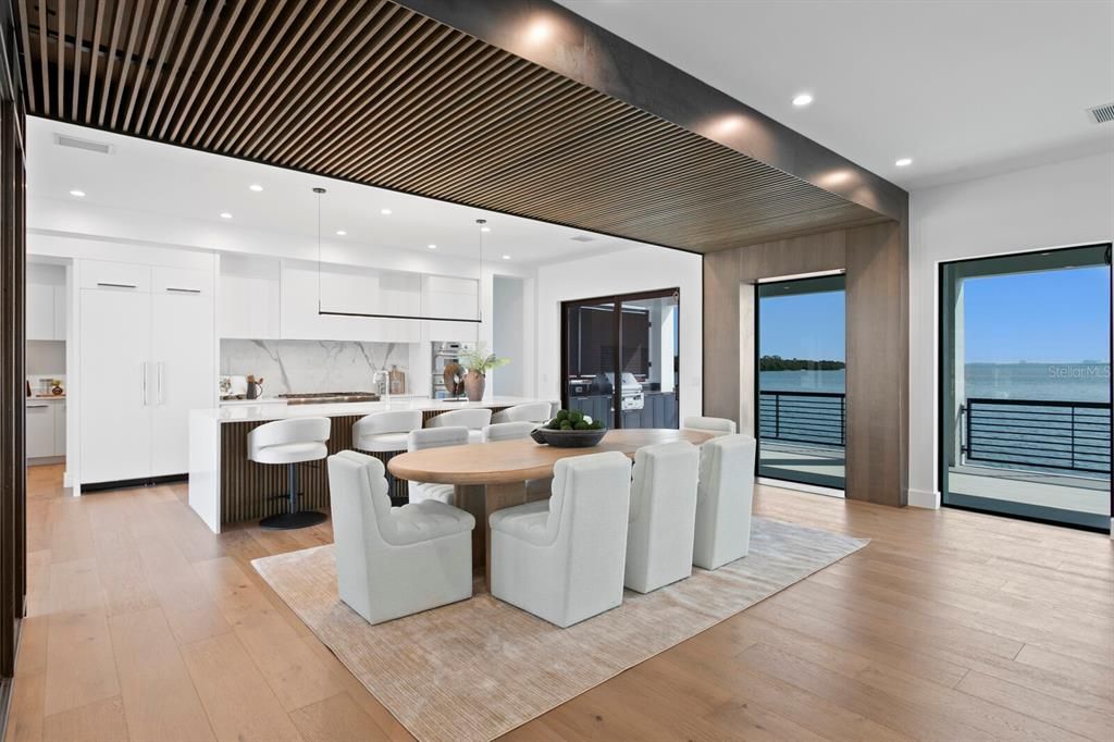 Dining room, Interior, Kitchen, Pendant Lights, Recessed Lighting, Water, Wood Texture Flooring